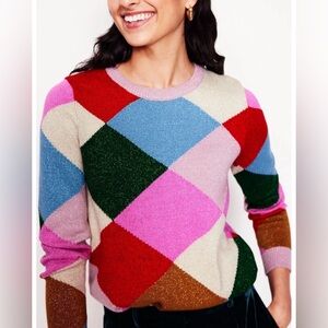 Boden Argyle Diamond Metallic Sparkly Sweater Medium